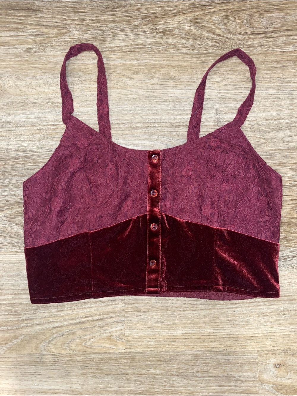 Women's Burgundy Lace & Velvet Crop Top with Front Buttons